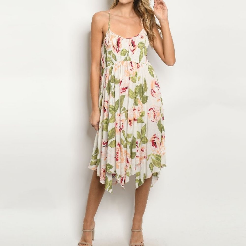 Plus Handkerchief Hem Smocked Floral Midi Dress